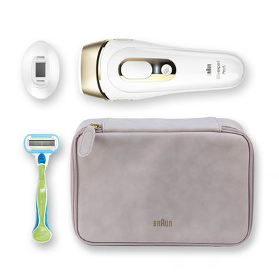Unboxed birdseye view of the Braun Silk-Expert Pro 5 PL5124 IPL Hair Removal Device, Precision head, Venus Extra Smooth Razor and travel bag